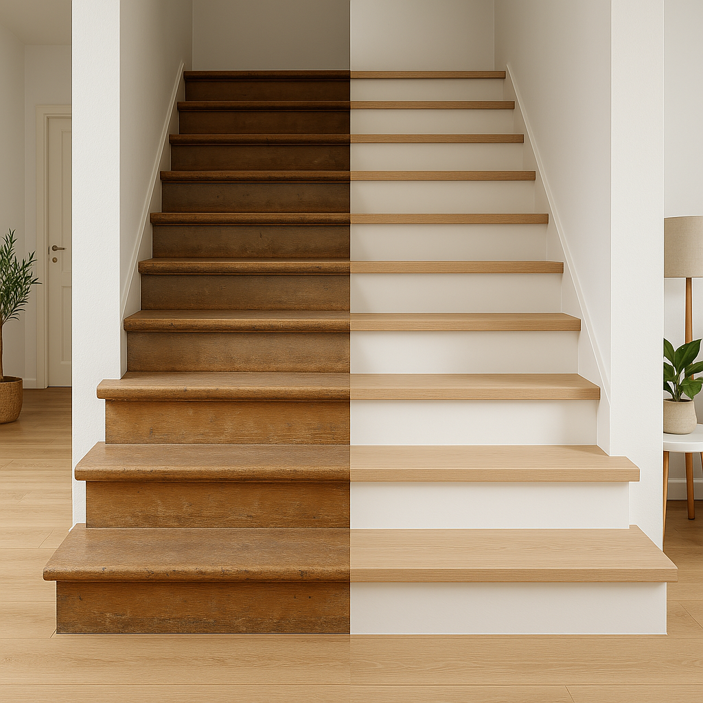 Escalier en bois intérieur présenté en deux parties visuelles côte à côte.